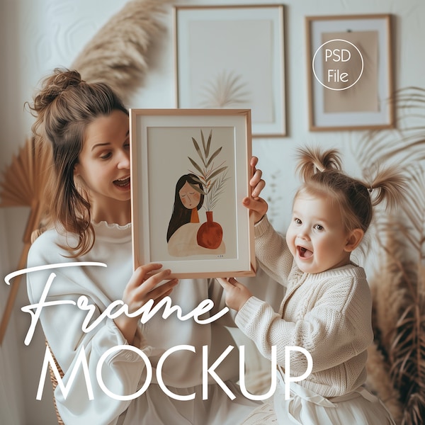 Mothers Day Frame Mockup With Person | Nursery Mockup Wood Frame | Home Interior Wooden Frame Poster Mockup | Family PSD Photoshop Mockup