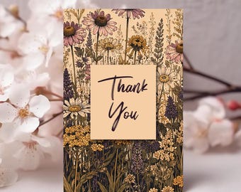 Thank You Card Template: Botanical Flower Illustration, Editable Design (Digital Download)
