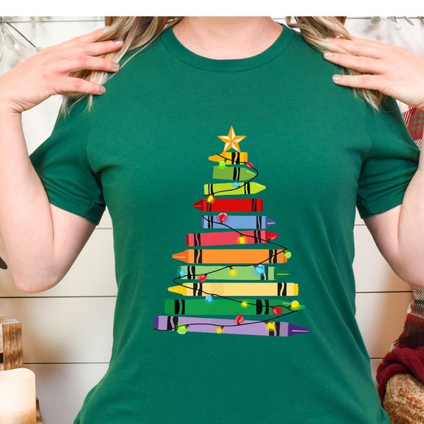 Crayons Christmas Tree Shirt, Preschool Teacher Shirt, Teacher Squad Shirt, Cute Teacher Xmas Tee, Teacher's Day Gift,Xmas Tree Crayon Shirt