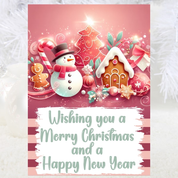 Festive Christmas Card | Digital Print | Christmas Card | Snow Man | Gingerbread House | Pink | Christmas Gift | Happy New Year |