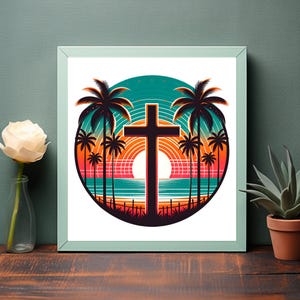 Tropical Sunset Cross Art - Vibrant Digital Download - Christian Printable Art - Biblical Home Decor - Instant Download - Cross - Tropical