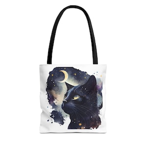 Black Cat Magic Crescent Moon Tote Bag, Witchy Shoulder Bag, Gothic Luna Cat Purse, Crescent Moon Boho Tote