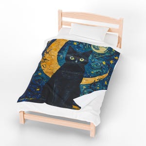 Black Cat Velveteen Blanket: Cosmic Animal Print Throw