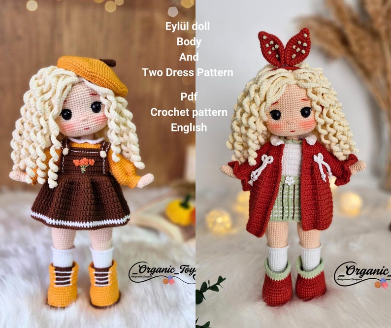 Pode incluir: Duas bonecas de croch&ecirc; com cabelo comprido e encaracolado loiro. A boneca &agrave; esquerda est&aacute; vestindo um vestido marrom com uma borda branca e um chap&eacute;u marrom. A boneca &agrave; direita est&aacute; vestindo um vestido vermelho com uma gola branca e uma faixa de cabe&ccedil;a branca com um la&ccedil;o vermelho. O texto "Eyl&uuml;l doll Body And Two Dress Pattern Pdf Crochet pattern English" est&aacute; escrito acima das bonecas.