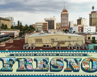 Aerial photograph of downtown Fresno stamp mural. Fine art print.