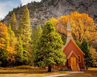 Yosemite chapel in fall. Fine art digital print.