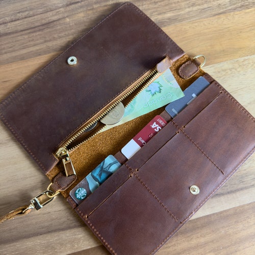 Portefeuille en cuir super fin personnalisé, Portefeuille pour femme pleine fleur fait main, Cadeau de Noël, Fête des Mères