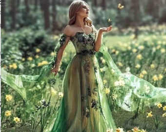 Green elegant fairy prom dress, Fairy floral dress women, Evening dress, Party fairy dress