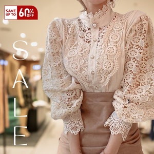 Victorian fashion blouse for women, Vintage lace blouse for women, Puffy sleeve blouse