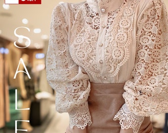 Victoriaanse modeblouse voor dames, vintage kanten blouse voor dames, blouse met gezwollen mouwen