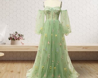 Sage Green fairy prom dress, Floral embroidered tulle dress, Fairy floral dress women, Evening dress, Party fairy dress