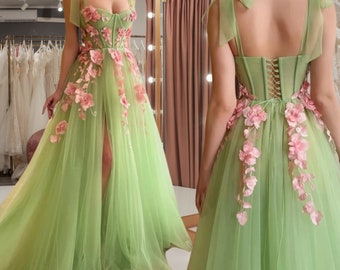 Custom floral prom dress woman, Fairy evening dress, Bridesmaid corset