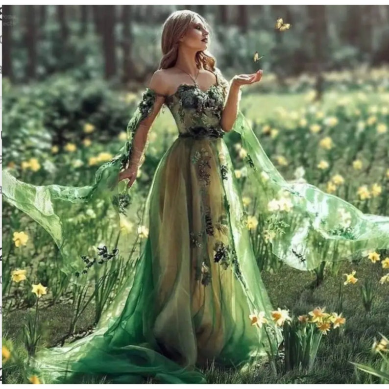 Green elegant fairy prom dress, Fairy floral dress women, Evening dress, Party fairy dress image 1