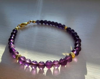 AMETHYST 4mm Beaded Bracelet, Dainty gemstone bracelet, Stacking bracelet, Handmade beaded bracelet, February birthstone