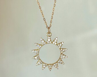 Pave Sun Pendant Necklace • 18k Gold Plated Sterling Silver
