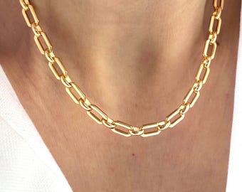 Gold Chunky Link Chain Necklace, Chunky Necklace, Statement Gold Chain, Thick Gold Chain, Rounded Rectangle Link Chain, Paperclip Gold Chain
