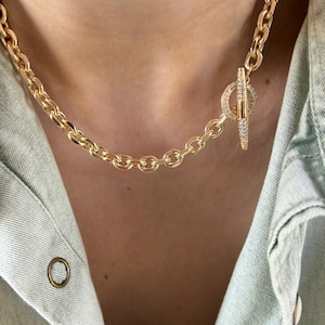 Gouden statementketting, dikke kettingchoker, gouden dikke ketting, T-staafketting, gouden schakelketting, gouden dikke ketting