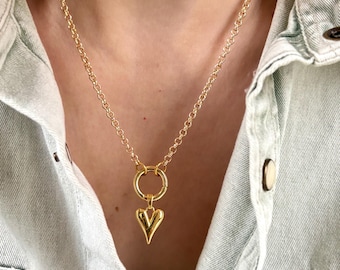Base Rolo Chain Charm Necklace, Heart Charm, Minimalist Circle Necklace,Spring Ring Clasp Collar, Belcher Rolo Chain, Dainty Necklace