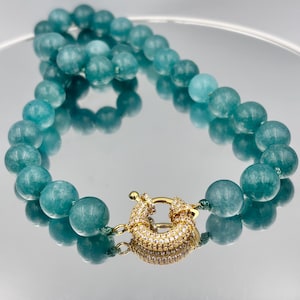 Blue Green Calcite Necklace, Handmade Beaded Necklace, Pave Clasp Necklace, Layering Necklaces, Gift for Her, Oversized gemstone necklace