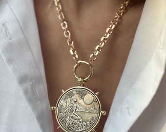 Gold Chunky Chain Necklace Queen Elizabeth Liberty Coin Pendant | Vintage Antique Coin Medallion | Moon Goddess Horoscope Statement Necklace