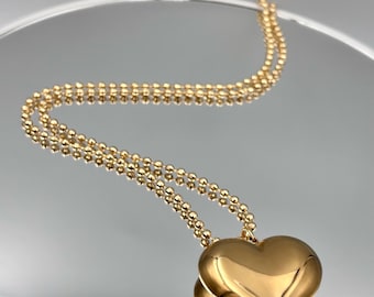 Gold Silver Puffed Heart Necklace, Chunky 3D Puffy Heart Pendant, Big Puffy Heart Bead Chain Necklace, Hollow Fat Heart Necklace