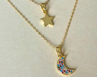 Crescent Moon and Star Layered Necklaces • Minimalist Necklace • Celestial Jewelry • Summer Jewelry • Moon Necklace • Star Necklace
