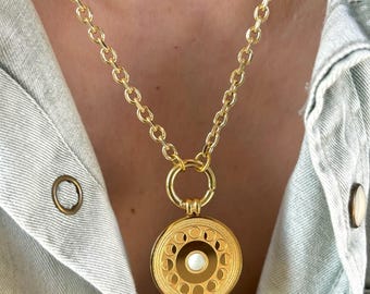 Moon phases necklace, Crescent Moon Necklace,  Moon Medallion Necklace, Celestial Jewelry, Layering Necklace, Gold coin chain necklace