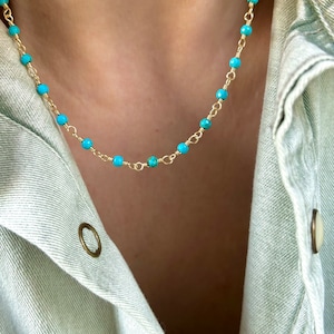 Collar de cadena satélite con piedras preciosas delicadas, cadena de gemas satélite chapada en oro, gargantilla minimalista con cuentas de colores, delicada cadena turquesa
