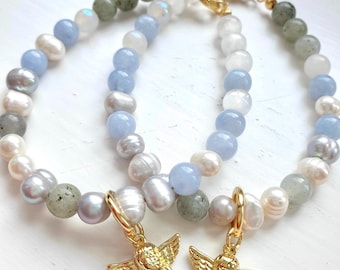Pearl bracelet, Angelite bracelet, Labradorite bracelet, Selenite bracelet, Birthstone bracelet