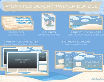 Puede incluir: Una ilustración digital de un paquete de Twitch con temática de playa. El paquete incluye 19 paneles, 2 banners de perfil, 5 alertas, 3 pantallas de transmisión y 2 superposiciones prefabricadas. La ilustración presenta una escena de playa con agua azul, nubes blancas y una playa de arena.