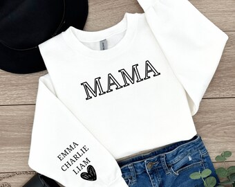 Personalized mom Sweatshirt with Kid Names on Sleeve, New Mom Gift, Minimalist Cool Mom Sweater, Mothers Day Gift, Birthday Gift for Momo