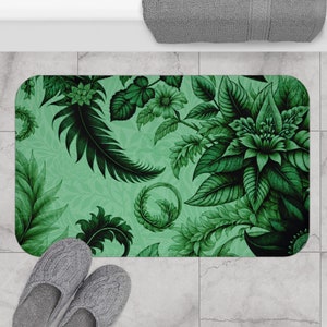 Green Botanical Bath Mat Non-Slip Microfiber Perfect Spa-Like Bathroom Decor Great Gift for Wellness Enthusiasts