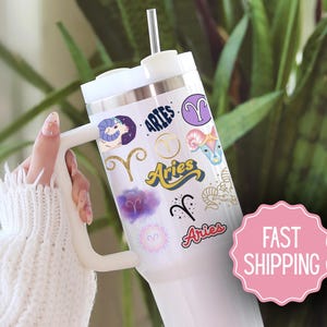 Aries 40 oz Tumbler, Custom Astrology Travel Mug, 20 oz Horoscope Sign Gift, Personalized Zodiac Cup, Star Sign Stamp Style Travel Cup