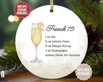 French 75 Ornament, Champagne Cocktail Recipe Ornament, Elegant Bar Cart Décor, Hostess or White Elephant Gift 00DRNKC008O