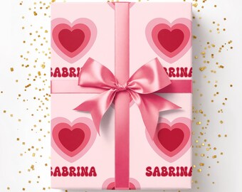 Personalized Heart Gift Wrap, Custom Name Valentines Present, Galentines Wrapping, All Season Birthday Pink Wrapping Paper Roll 012
