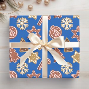 Christmas Gingerbread Wrapping Paper, Gingerbread Cookie Wrapping Paper, Xmas Gingerbread Gift Wrap, Gifts from Santa, Blue Christmas 006