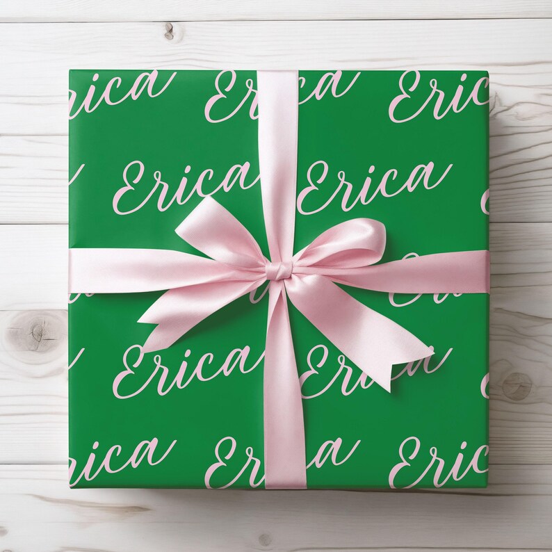 Personalized Name Gift Wrap, Custom Name Green and Pink Wrapping Paper, Wrapping Paper for Any Occasion, Birthday Name Gift 004 image 2