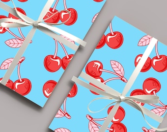 Cute Retro Cherry Gift Wrap, Kawaii Fruit Wrapping Paper, Adorable Red Cherry Pattern Gift Wrap, Fun Vintage Sweet Style Paper 00FoodC018