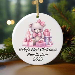 Personalized Baby First Christmas Ornament, Custom Gift for New Baby, Xmas Tree Ornament, 1st Christmas Ornament, Pink Baby Bear Decor 002