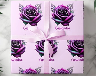 Personalized Purple Rose Gift Wrap, Custom Name Flower Wrapping Paper, Floral Wrapping Paper for Girlfriend Boyfriend Valentine 024