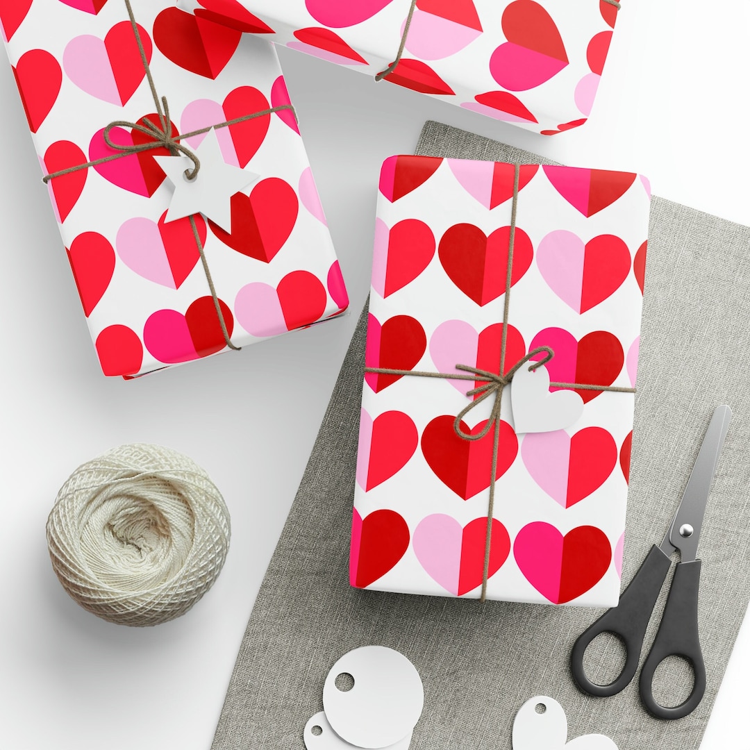 Hearts Wrapping Paper, Valentine Gift Wrap, Wedding Present, Repeating Heart Pink and Red Gift