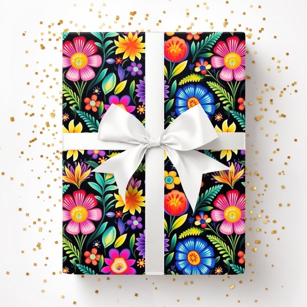 Floral Mexican Themed Gift Wrap, Feliz Cinco de Mayo Wrapping Paper, May Birthday Present, Mexican Gift for Christmas Xmas 006