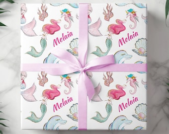 Personalized Name Mermaid Gift Wrap, Customized Under the Sea Birthday Present, Bday Wrapping Paper Roll for Girl, Sea Creature Theme 002