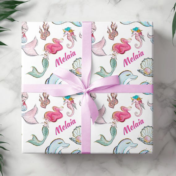 Personalized Name Mermaid Gift Wrap, Customized Under the Sea Birthday Present, Bday Wrapping Paper Roll for Girl, Sea Creature Theme 002