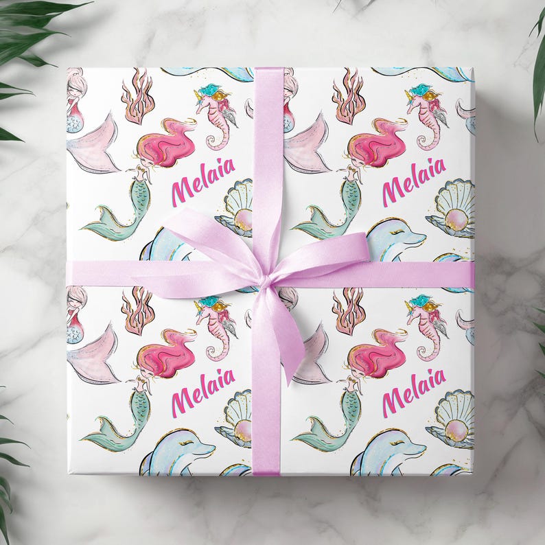Personalized Name Mermaid Gift Wrap, Customized Under the Sea Birthday Present, Bday Wrapping Paper Roll for Girl, Sea Creature Theme 002 bild 1