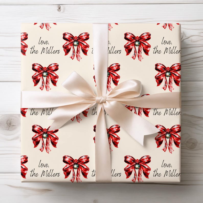 Red Bow Wrapping Sticker Elegant Red Bow Wrapping Paper, Christmas Personalized Gifts, Vintage ...