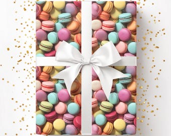 Pastel Macarons Gift Wrap, French Cookie Wrapping Paper, Sweet Treat Birthday Wrap, Patisserie Lover Gift Paper 00FoodC004