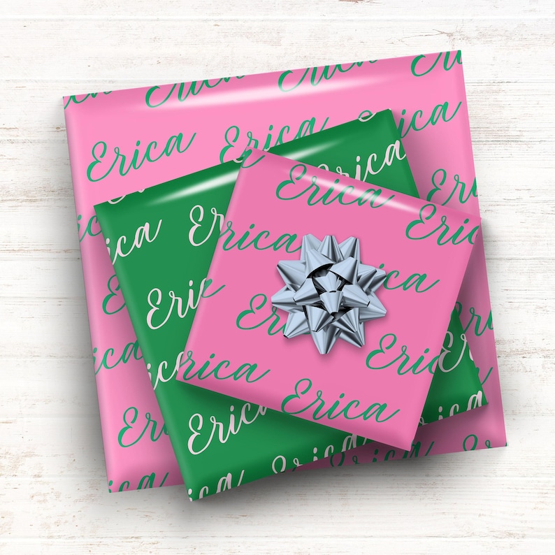 Personalized Name Gift Wrap, Custom Name Green and Pink Wrapping Paper, Wrapping Paper for Any Occasion, Birthday Name Gift 004 image 5
