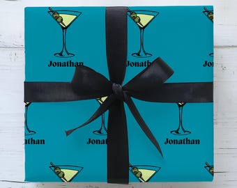 Personalized Martini Gift Wrap, Cocktail Wrapping Paper, Retro Drink Gift Wrap, 21st birthday party, Olive Martini Pattern 00DrinkC005