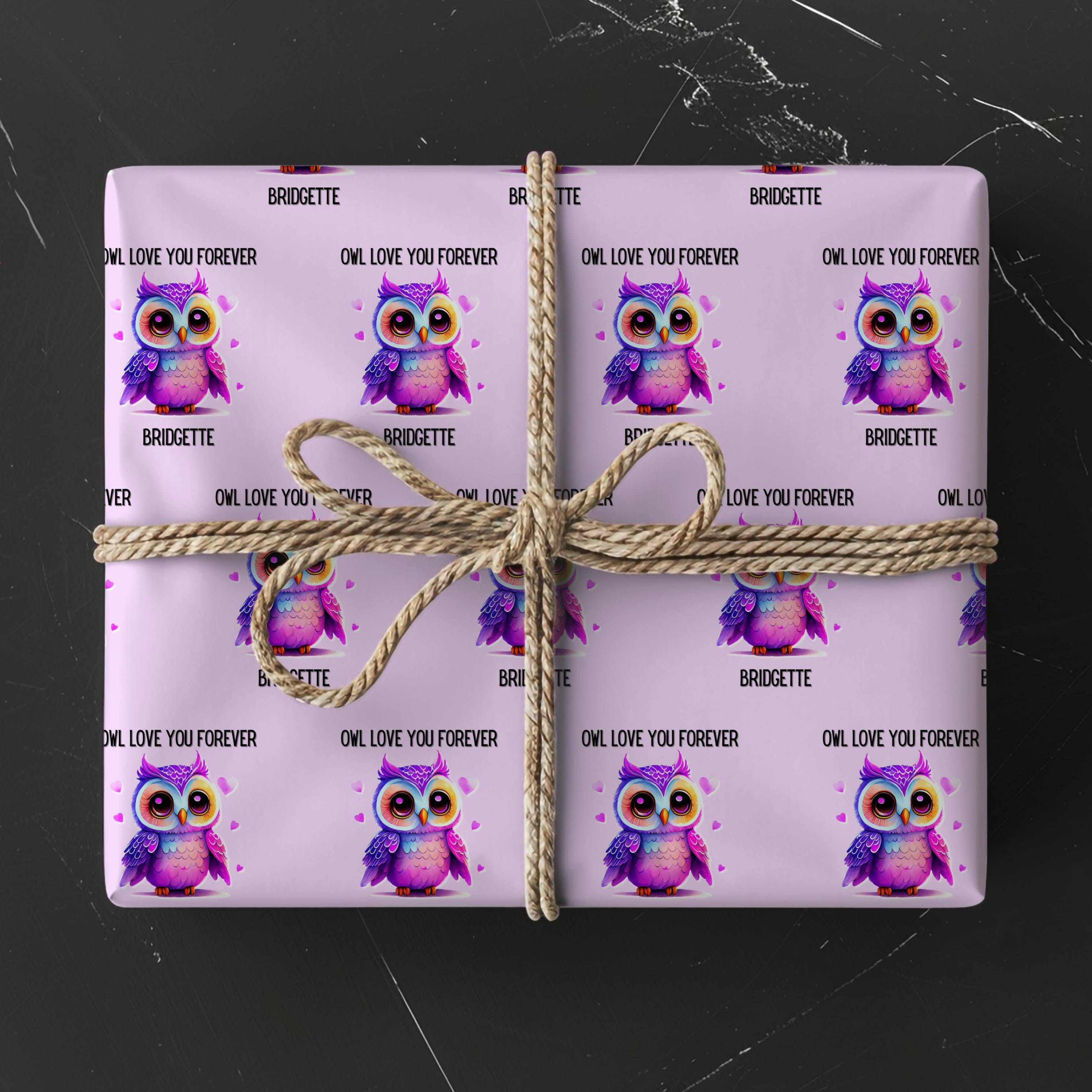Personalized Valentine Owl Gift Wrap, Cute Purple Owl Love Wrapping Paper, Custom Name Valentine&rsq